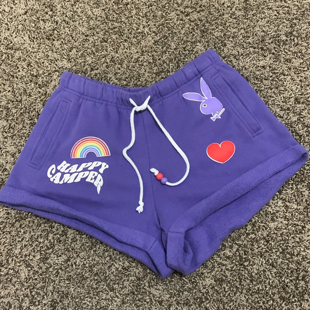 Playboy happy camper peace & heart purple beaded shorts
